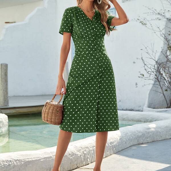 

Polka Dot Button Front A-line Dress, Green