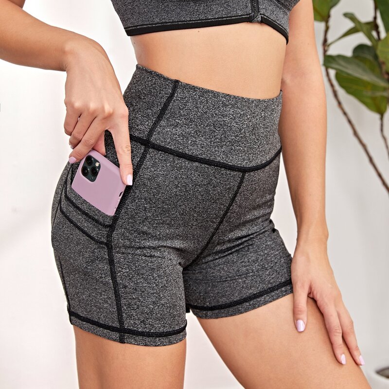 

Solid Biker Shorts With Phone Pocket, Dark grey