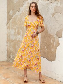 Rusttydustty Sweetheart Neck Tied Backless Floral Print Dress - Yellow - View 1