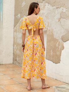 Rusttydustty Sweetheart Neck Tied Backless Floral Print Dress - Yellow - View 2