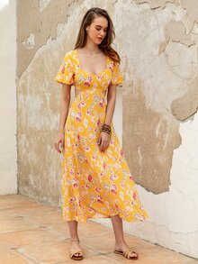 Rusttydustty Sweetheart Neck Tied Backless Floral Print Dress - Yellow - View 3