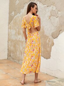 Rusttydustty Sweetheart Neck Tied Backless Floral Print Dress - Yellow - View 6