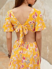 Rusttydustty Sweetheart Neck Tied Backless Floral Print Dress - Yellow - View 8
