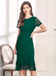 MIUSOL فستان نحيل بحافة مكشكش بلوحة دانتيل