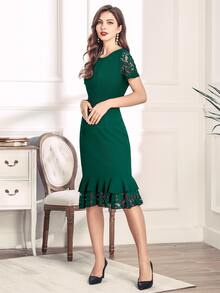 MIUSOL فستان نحيل بحافة مكشكش بلوحة دانتيل