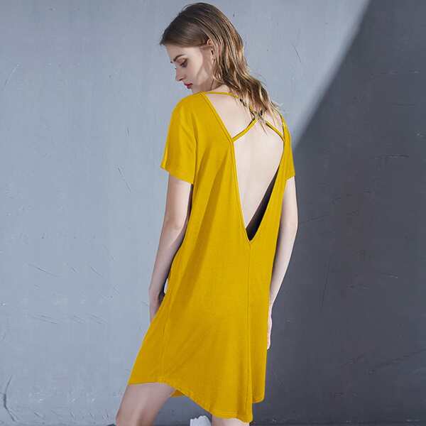 

V Neck Solid Sleepdress, Yellow