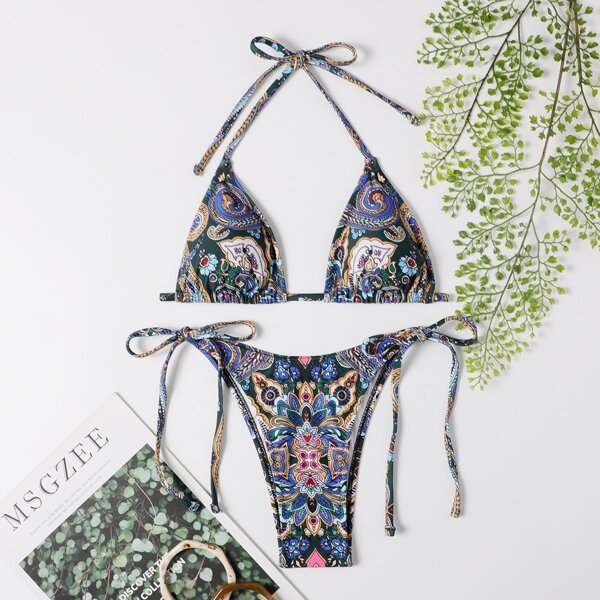 

Allover Graphic Triangle Thong Bikini Swimsuit, Multicolor