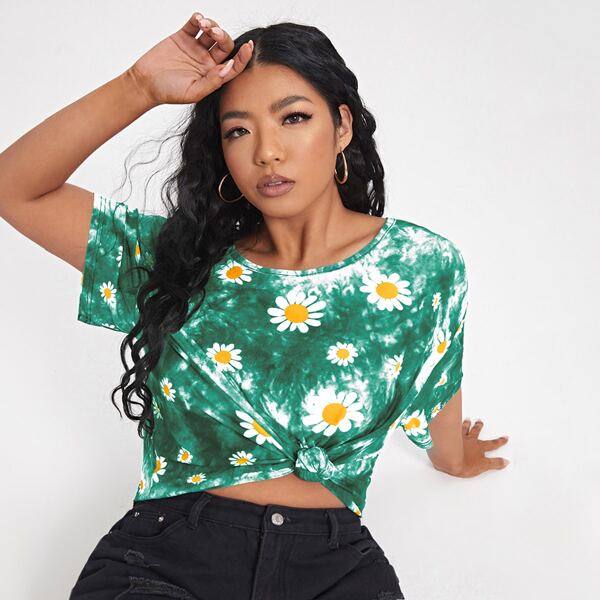

Plus Drop Shoulder Tie Dye & Floral Print Tee, Green