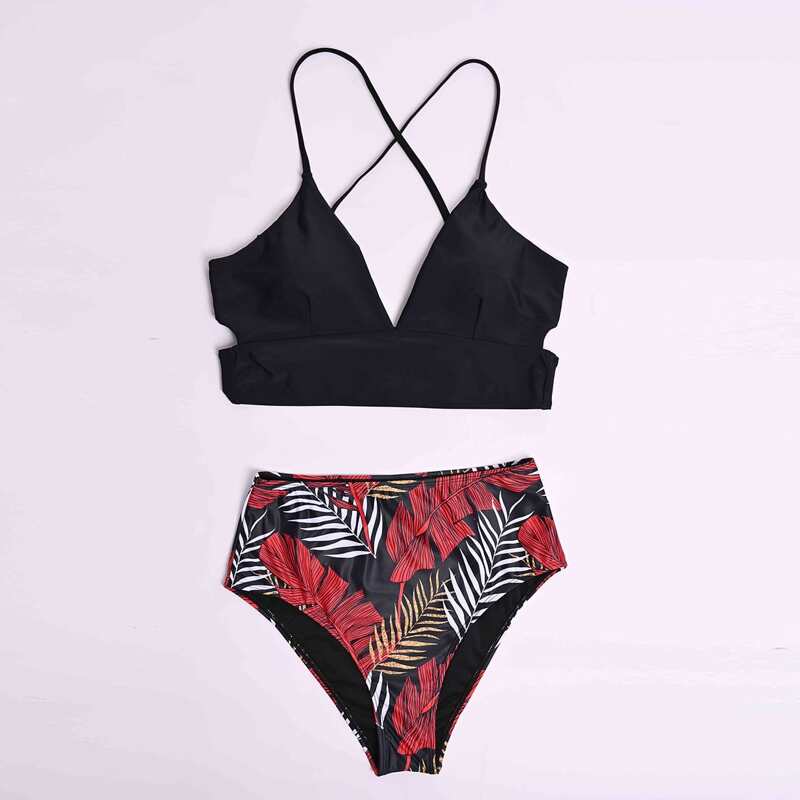 

Tropical Lace-up Back Bikini Swimsuit, Multicolor