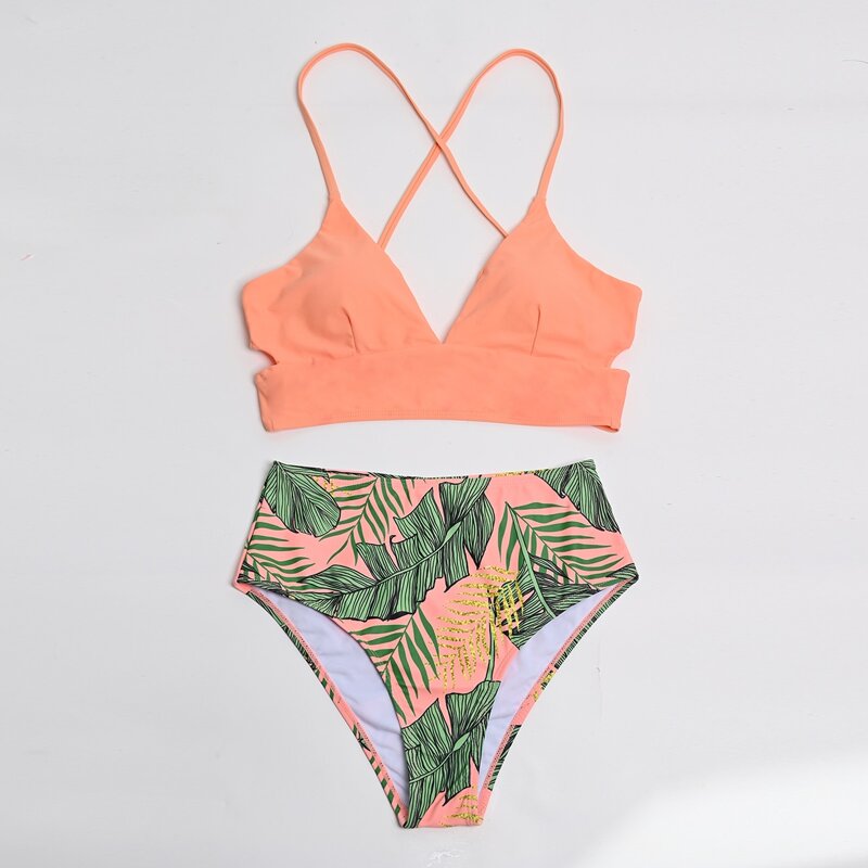 

Tropical Lace-up Back Bikini Swimsuit, Coral orange