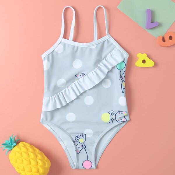 

Baby Girl Polka Dot & Cat Print One Piece Swimsuit, Multicolor