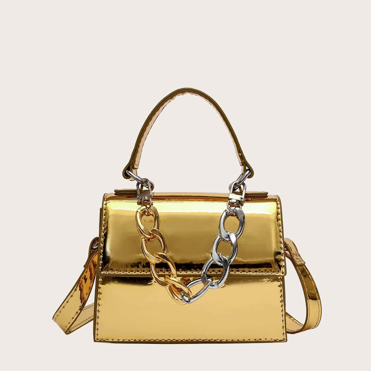 

Mini Metallic Chain Decor Satchel Bag, Gold