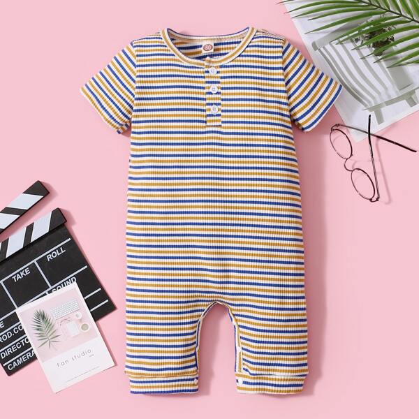 

Baby Unisex Striped Button Front Ribbed Romper, Multicolor