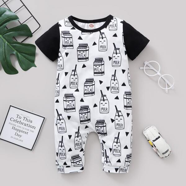 

Baby Unisex Cartoon And Letter Graphic Romper, Black and white