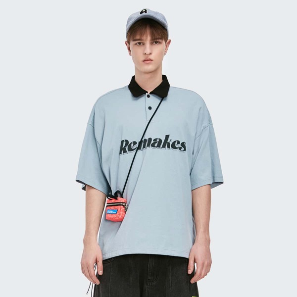 

Men Drop Shoulder Letter Graphic Polo Shirt Without Bag, Dusty blue