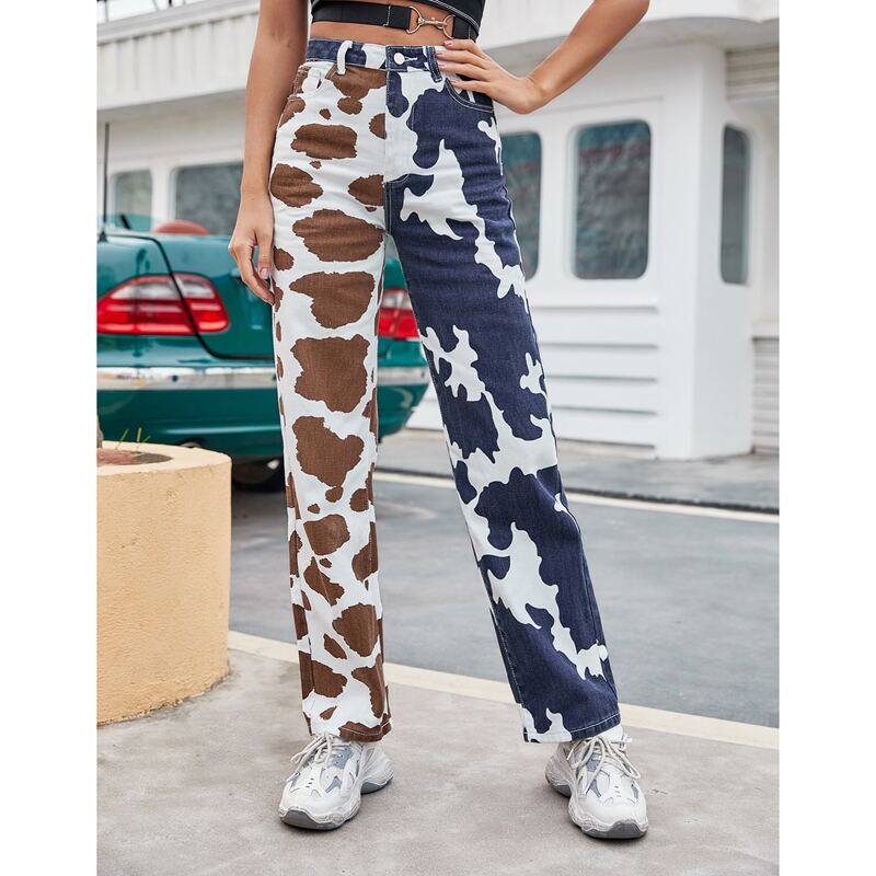 

High Waist Colorblock Cow Print Jeans, Multicolor