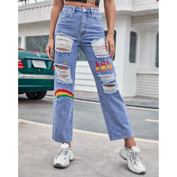 

Letter & Floral Graphic Ripped Cropped Jeans, Light wash