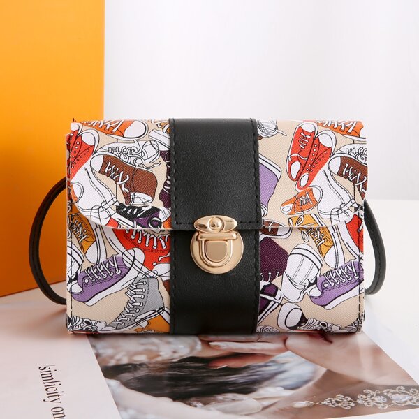 

Shoe Graphic Push Lock Flap Crossbody Bag, Multicolor