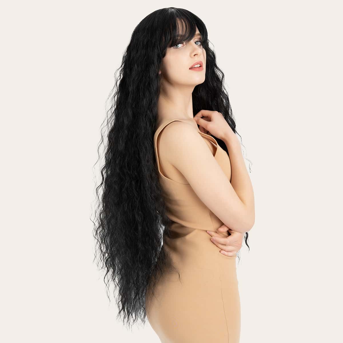 

Natural Long Curly Lace Front Wig With Bangs, Black