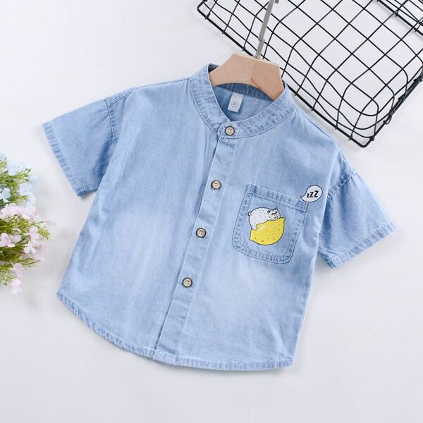 

Toddler Boys Cartoon Graphic Denim Shirt, Light wash