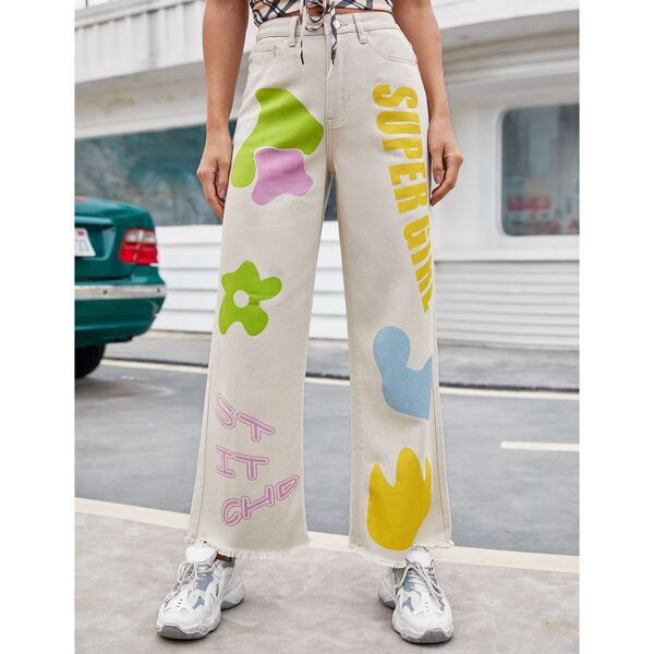 

High Waist Letter & Floral Graphic Raw Hem Wide Leg Jeans, Beige