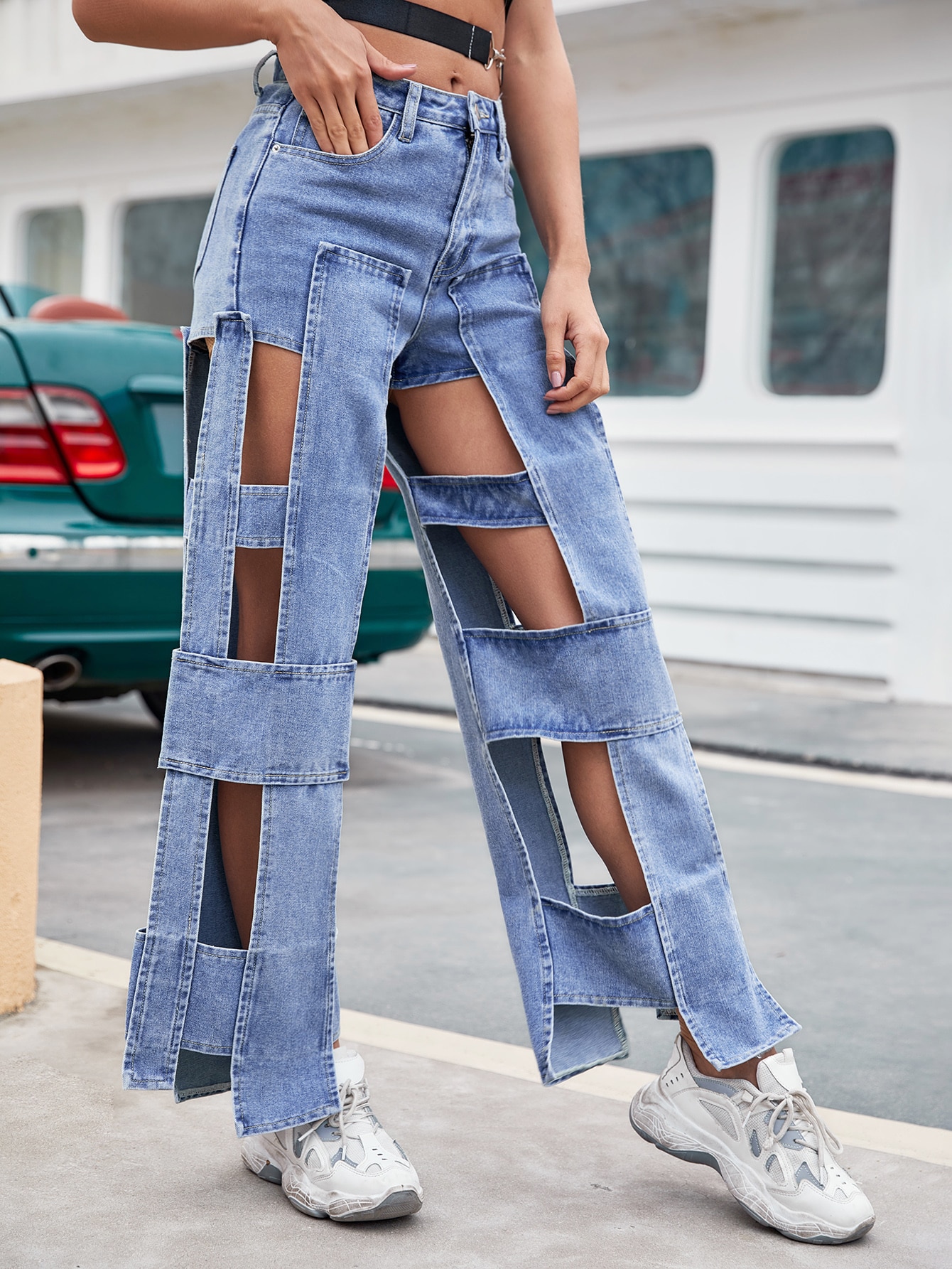 Cut-out Asymmetrical Hem Wide Leg Jeans 