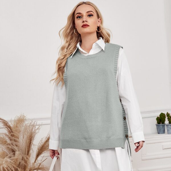 

Plus Button Side Split Hem Sweater Vest Without Blouse, Light grey