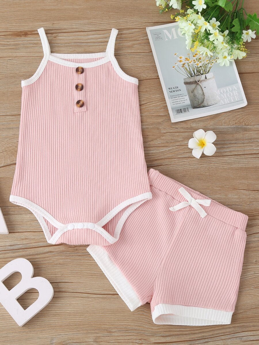 Baby Girl Rib Binding Cami Bodysuit & Shorts - Pink - View 1