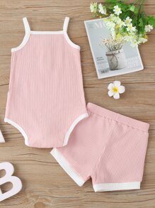 Baby Girl Rib Binding Cami Bodysuit & Shorts - Pink - View 2