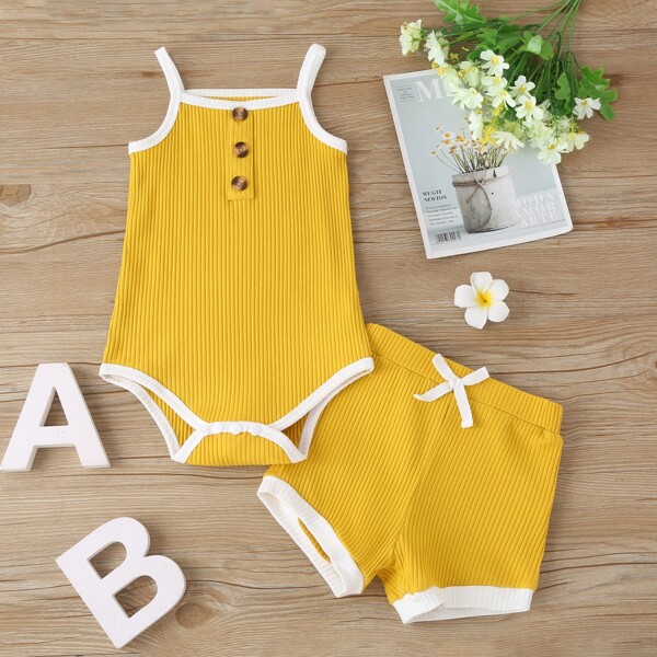 

Baby Girl Contrast Binding Cami Bodysuit & Shorts, Yellow