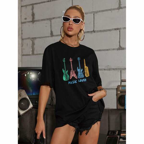

Guitar And Letter Graphic Drop Shoulder Tee, Black