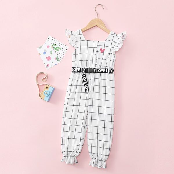 

Toddler Girls Half Button Plaid Ruffle Trim Jumpsuit, White
