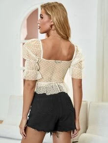 Dobby Mesh Sheer Back Peekaboo Crop Top - Beige - View 2