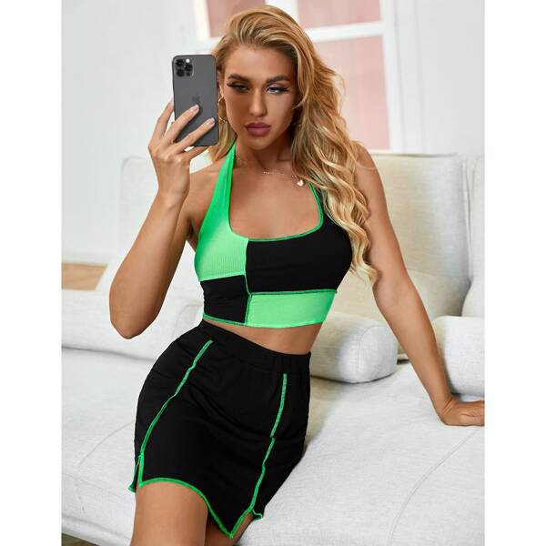 

Colorblock Crop Halter Top With Skirt, Black
