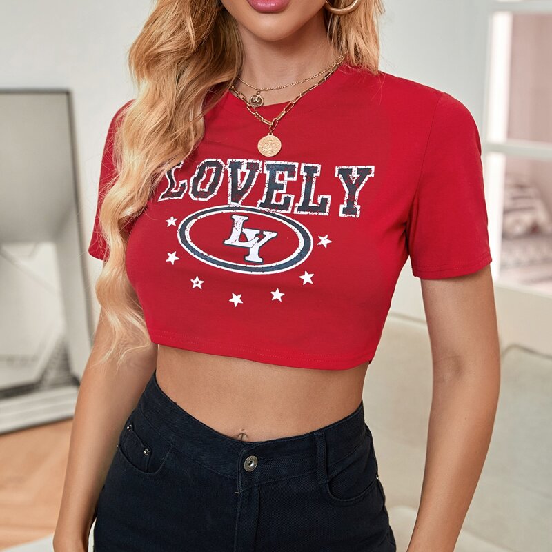 

Star & Letter Graphic Crop Tee, Rose red