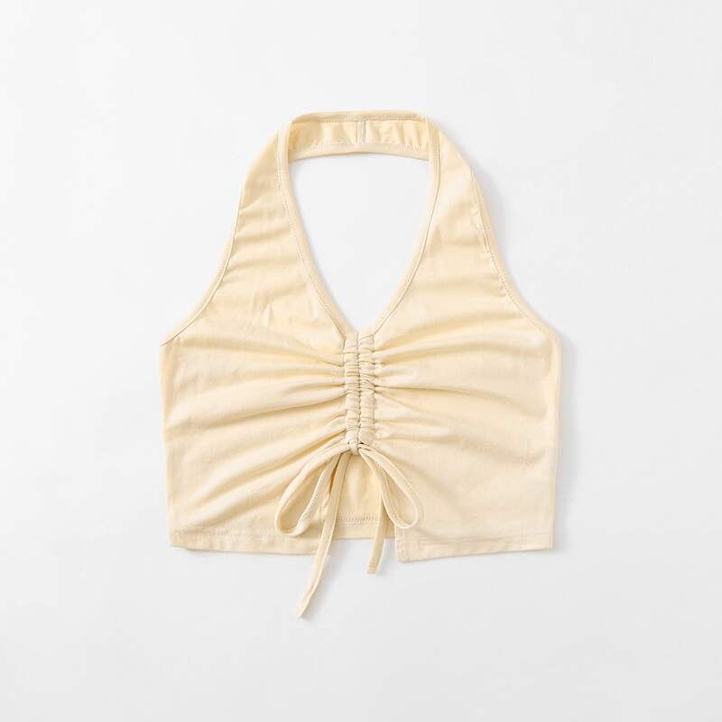

Solid Drawstring Halter Crop Top, Beige