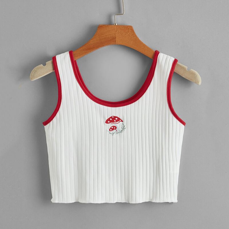 

Mushroom Embroidery Ribbed Ringer Tank Top, Red and white