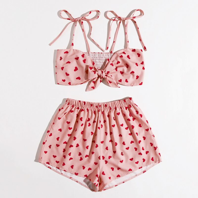 

Heart Bow Shirred Crop Cami & Shorts, Multicolor