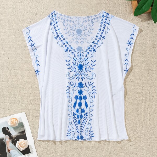 

Floral Pattern Cover Up, Blue and white