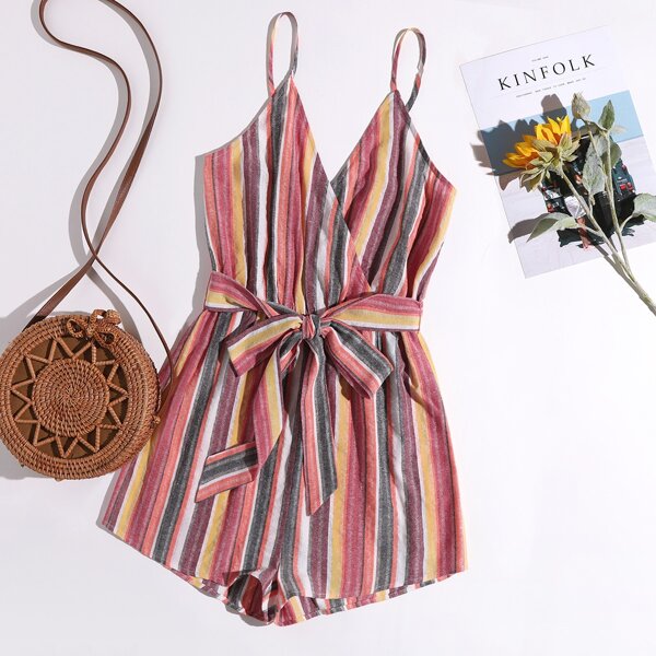

Self Belted Striped Cami Romper, Multicolor