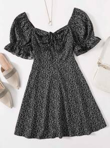 Soleia Plus Size Boho Puff Sleeve Drawstring Allover Print Dress, For Summer - Black - View 1