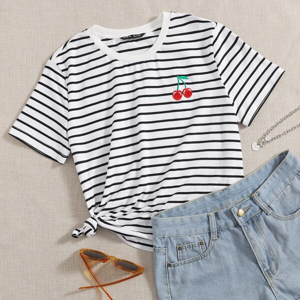 

Embroidery Cherry Striped Tee, Black and white