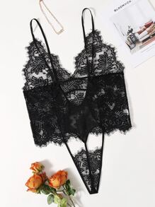 Plus Floral Lace Cut-out Teddy Bodysuit - Black - View 1