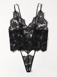 Plus Floral Lace Cut-out Teddy Bodysuit - Black - View 2