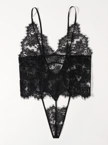 Plus Floral Lace Cut-out Teddy Bodysuit - Black - View 3