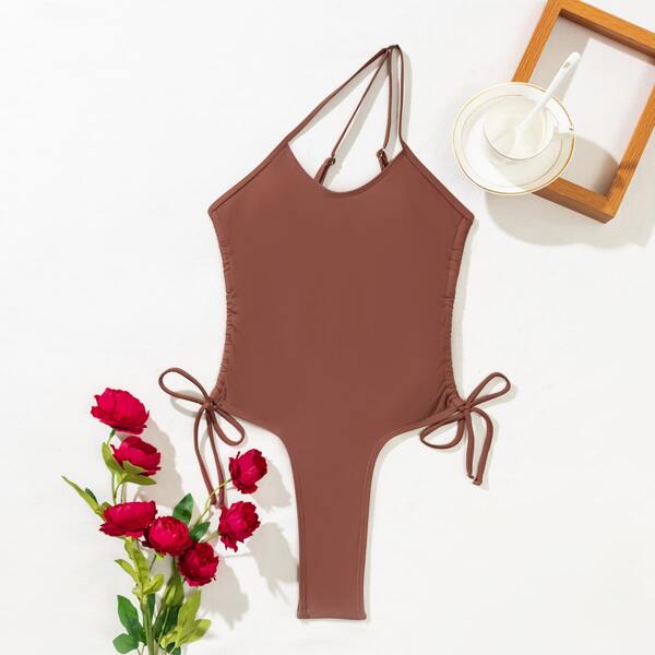 

One Shoulder Tie Side One Piece Swimsuit, Redwood