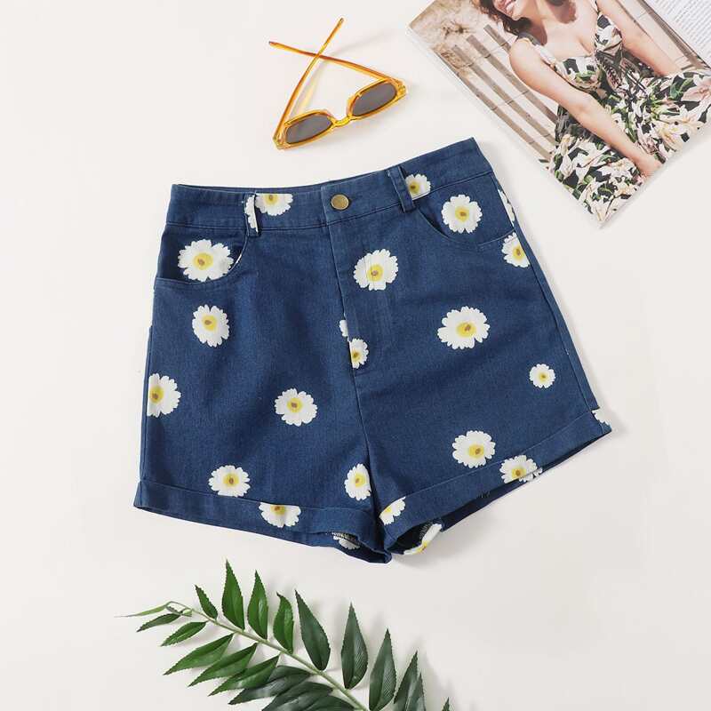 

Floral Print Cuffed Shorts, Blue