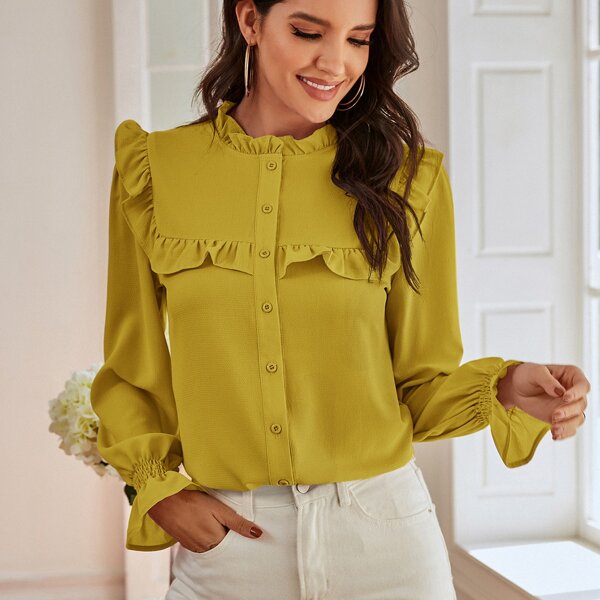 

Ruffle Neck Flounce Sleeve Solid Blouse, Mustard yellow