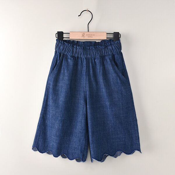 

Toddler Girls Paperbag Waist Scallop Hem Denim Shorts, Dark wash