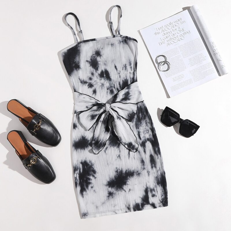 

Tie Waist Tie Dye Dress, Black and white